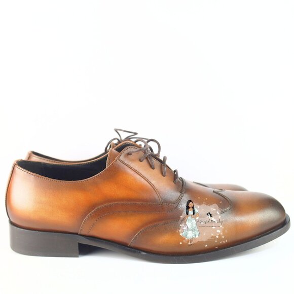 Bloomingdale Dylan Gray Men Fresco Wing Tip Lace Cognac Oxfords 11.5 US- 0105